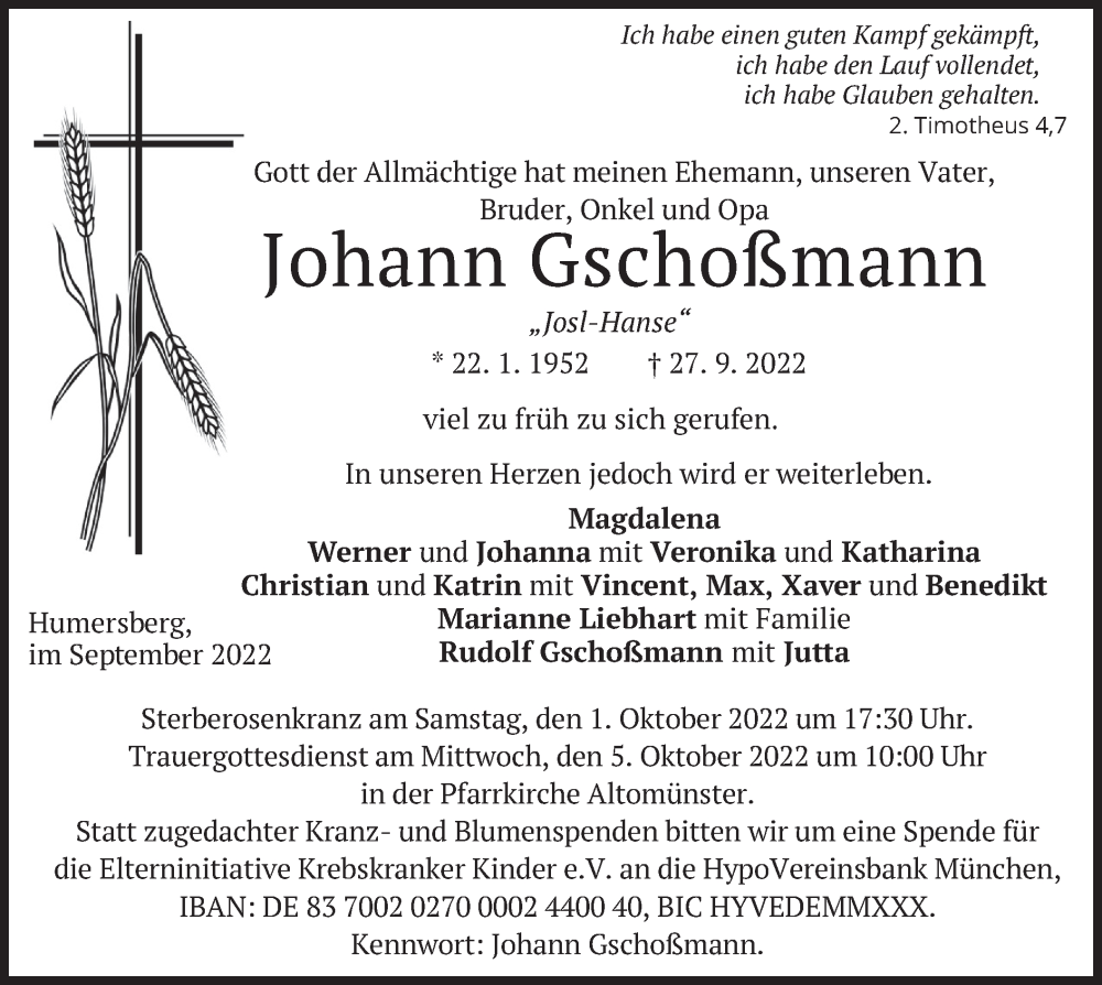  Traueranzeige für Johann Gschoßmann vom 30.09.2022 aus merkurtz