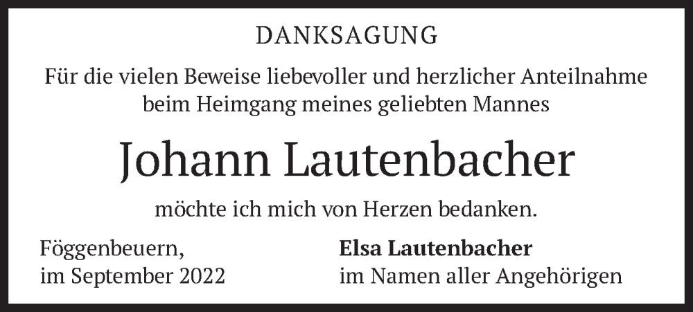  Traueranzeige für Johann Lautenbacher vom 24.09.2022 aus merkurtz