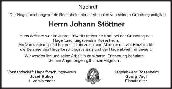 Traueranzeige von Johann Stöttner von merkurtz