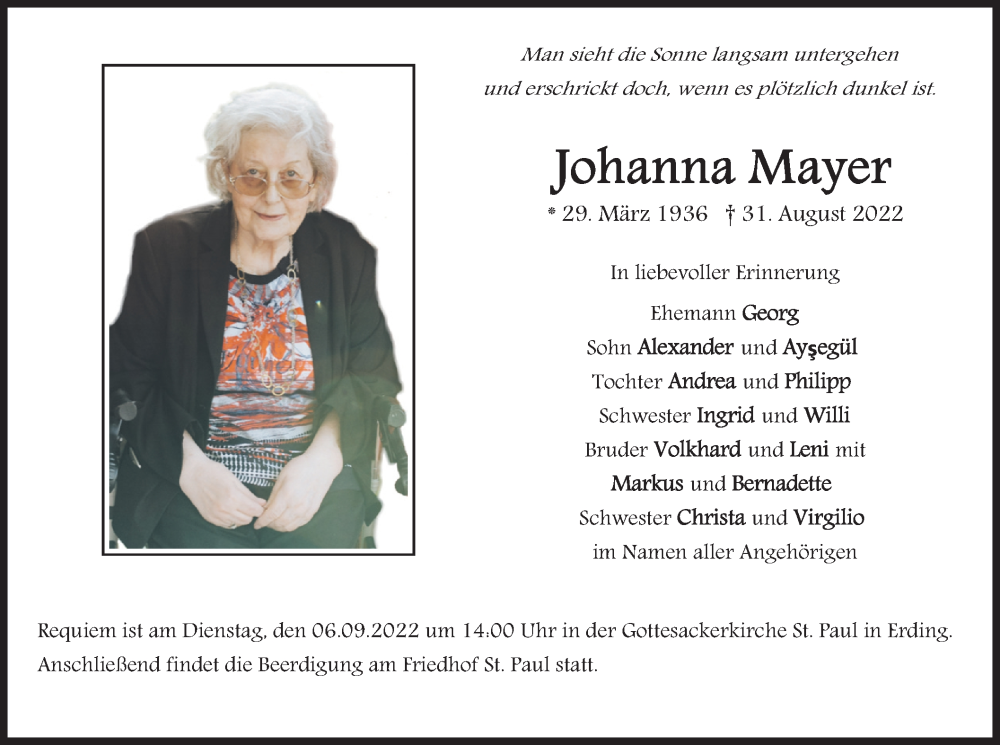 Traueranzeigen Von Johanna Mayer Trauer Merkur De