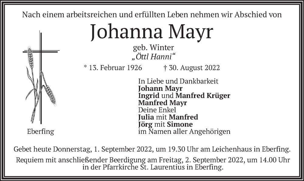 Traueranzeigen Von Johanna Mayr Trauer Merkur De