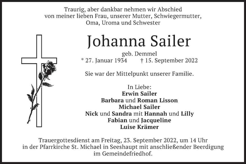  Traueranzeige für Johanna Sailer vom 17.09.2022 aus merkurtz