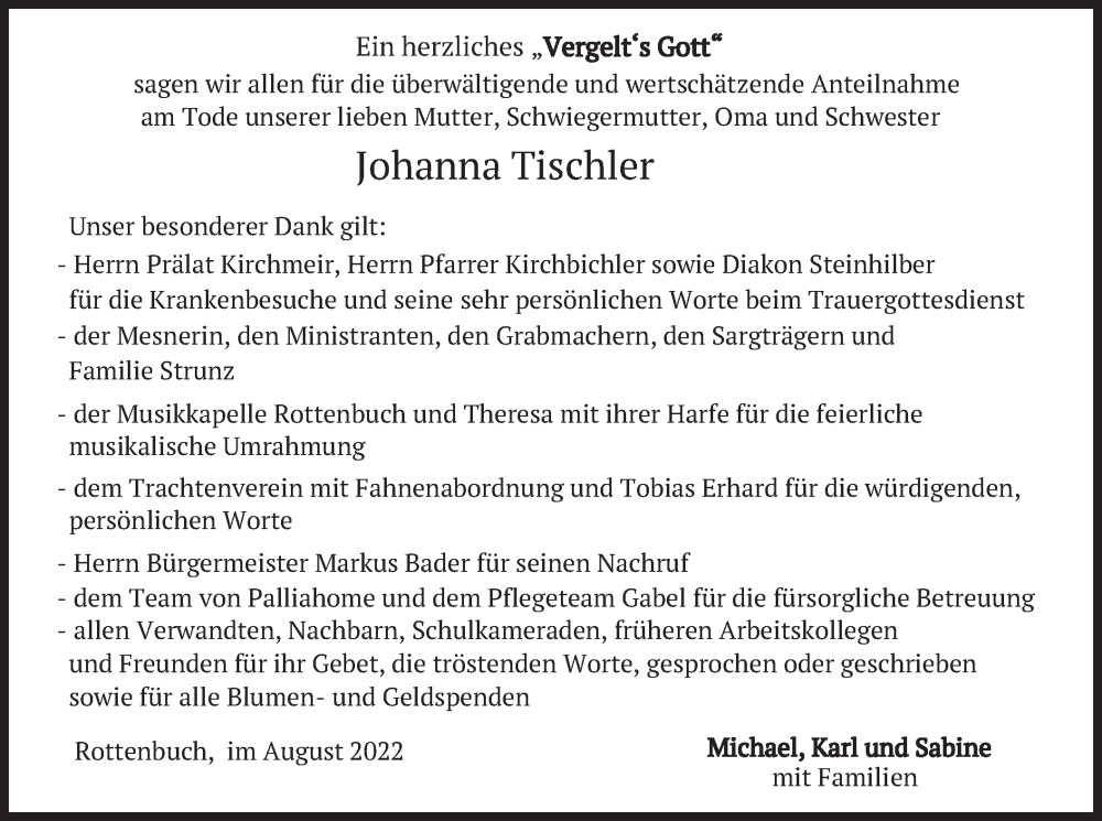  Traueranzeige für Johanna Tischler vom 01.09.2022 aus merkurtz