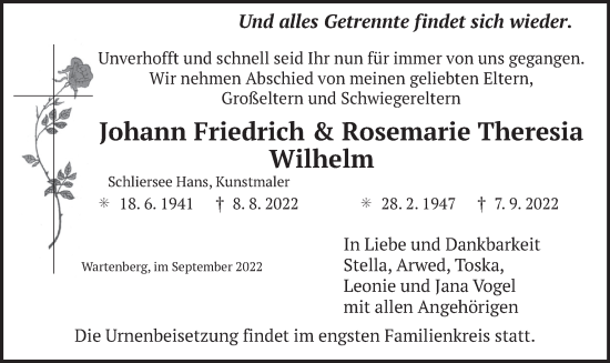 Traueranzeige von Johann Friedrich und Rosemarie Theresia Wilhelm von merkurtz