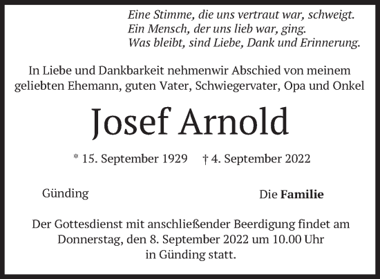Traueranzeige von Josef Arnold von merkurtz