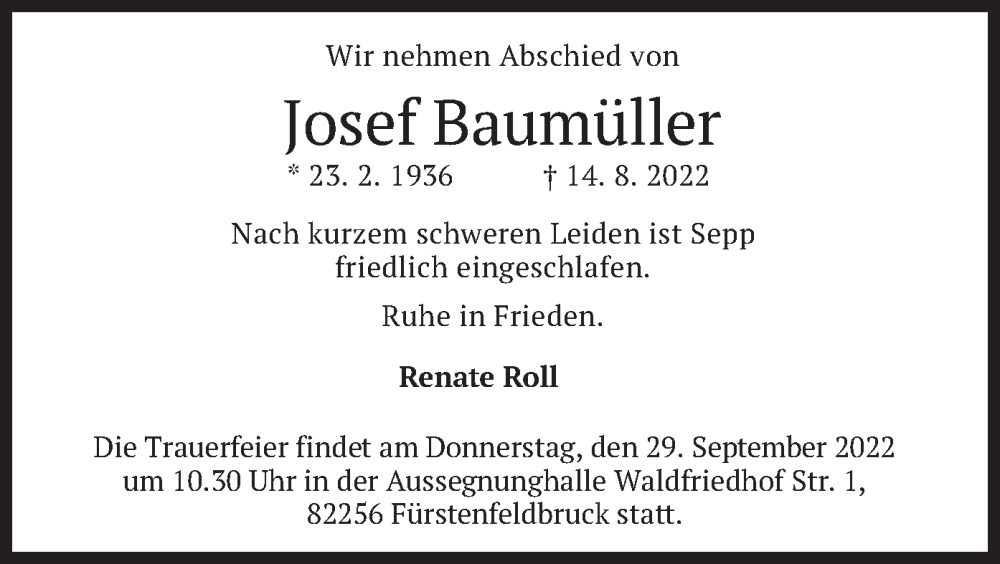  Traueranzeige für Josef Baumüller vom 10.09.2022 aus merkurtz