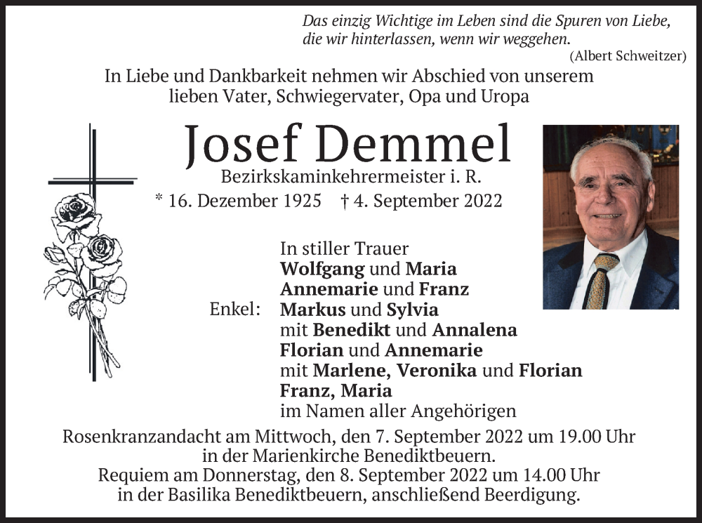 Traueranzeigen von Josef Demmel | trauer.merkur.de