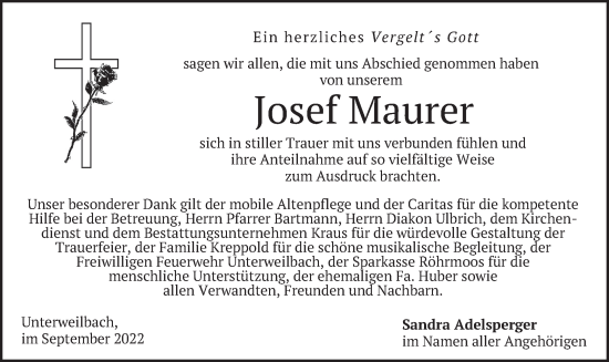 Traueranzeige von Josef Maurer von merkurtz
