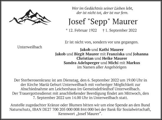Traueranzeige von Josef Maurer von merkurtz