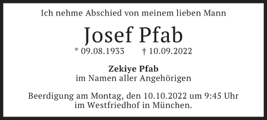 Traueranzeige von Josef Pfab von merkurtz