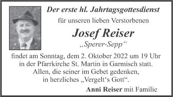Traueranzeige von Josef Reiser von merkurtz