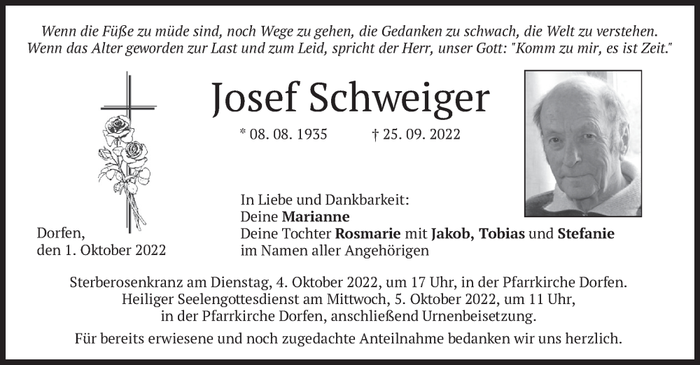  Traueranzeige für Josef Schweiger vom 01.10.2022 aus merkurtz