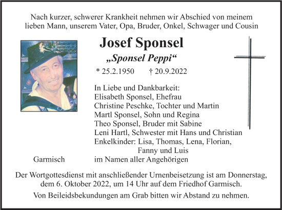 Traueranzeige von Josef Sponsel von merkurtz
