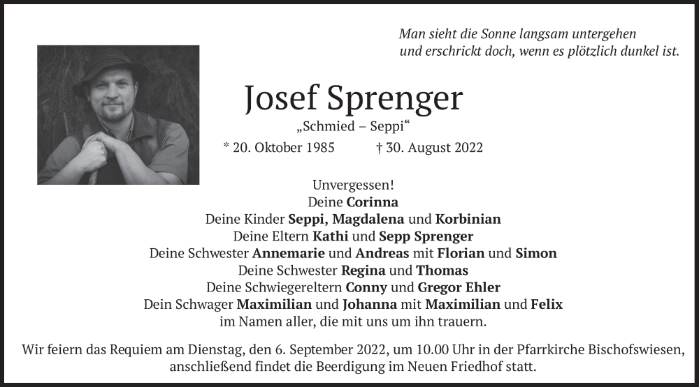  Traueranzeige für Josef Sprenger vom 03.09.2022 aus merkurtz
