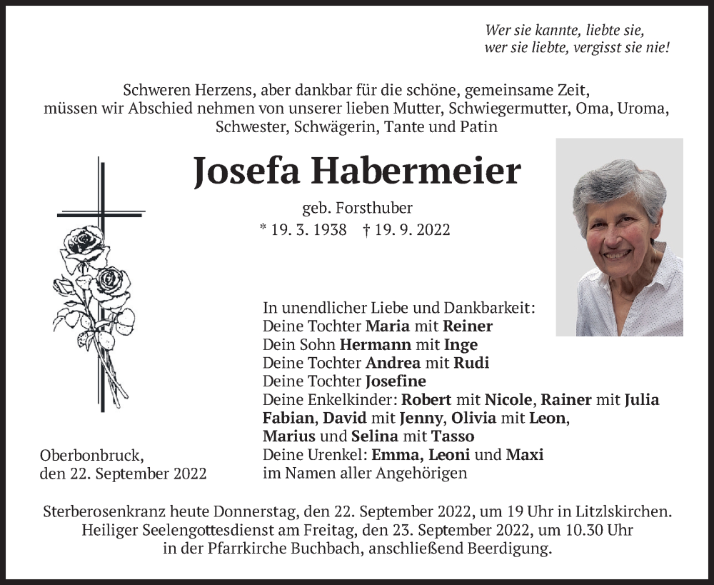  Traueranzeige für Josefa Habermeier vom 22.09.2022 aus merkurtz
