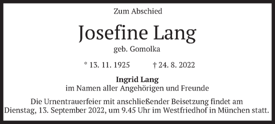 Traueranzeige von Josefine Lang von merkurtz