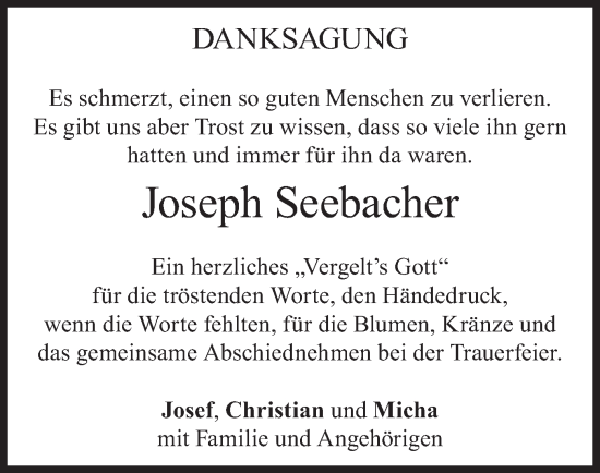 Traueranzeige von Joseph Seebacher von merkurtz