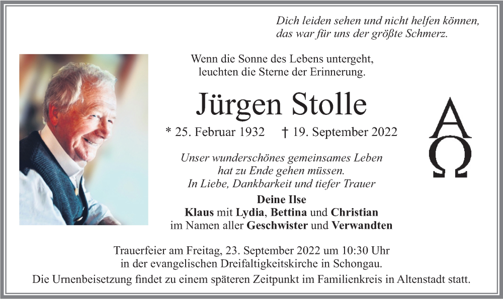  Traueranzeige für Jürgen Stolle vom 21.09.2022 aus merkurtz