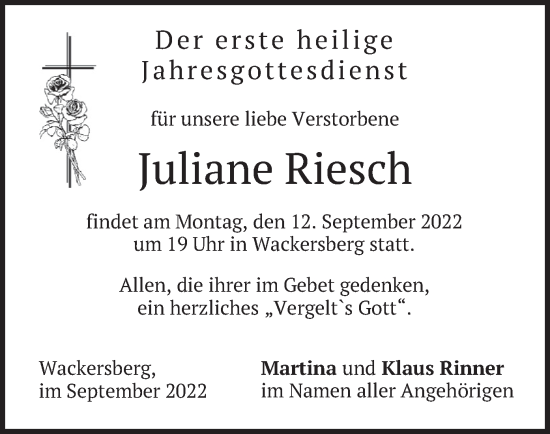 Traueranzeige von Juliane Riesch von merkurtz