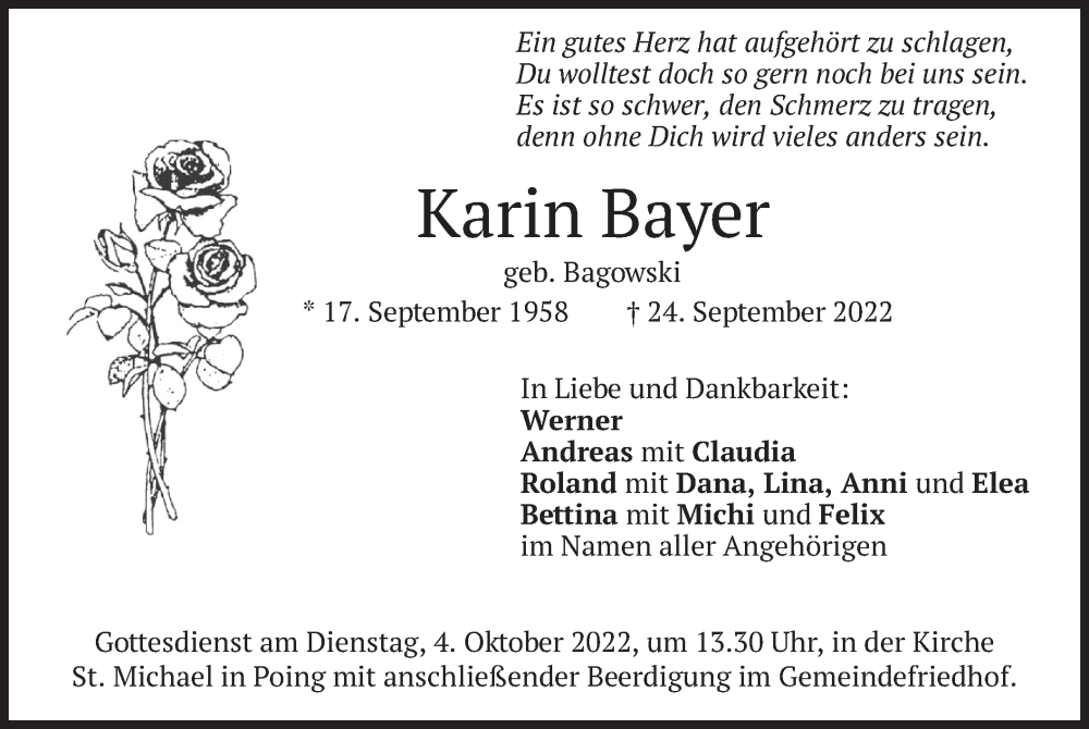  Traueranzeige für Karin Bayer vom 28.09.2022 aus merkurtz