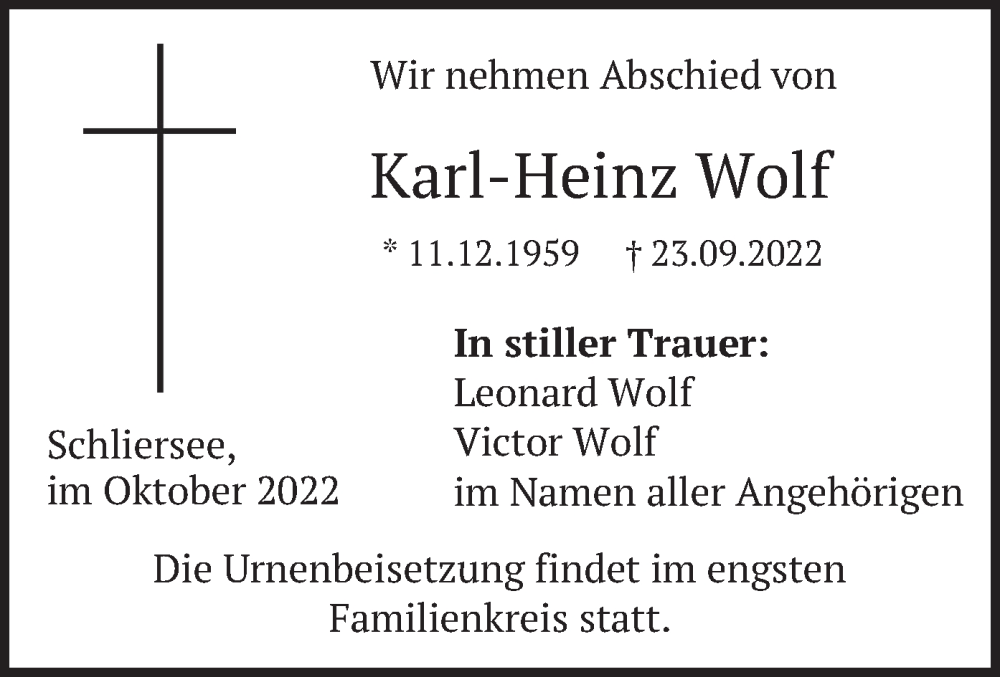  Traueranzeige für Karl-Heinz Wolf vom 01.10.2022 aus merkurtz