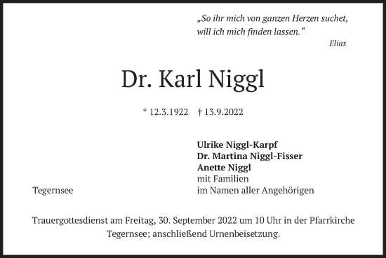 Traueranzeige von Karl Niggl von merkurtz