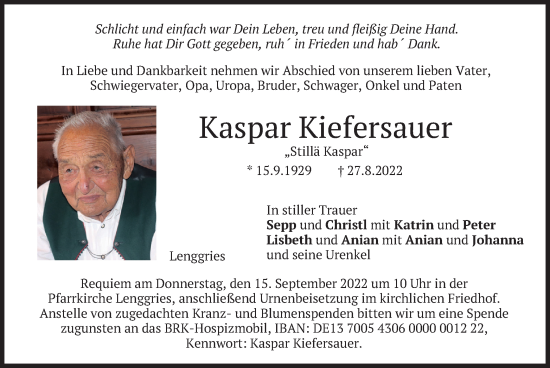 Traueranzeige von Kaspar Kiefersauer von merkurtz