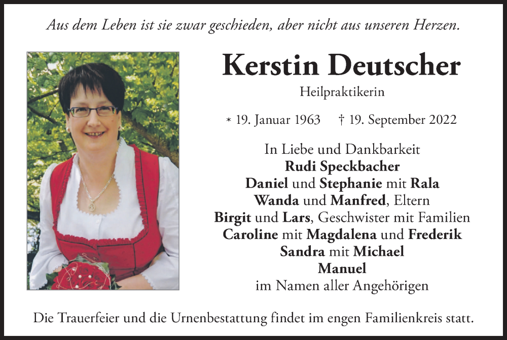  Traueranzeige für Kerstin Deutscher vom 24.09.2022 aus merkurtz