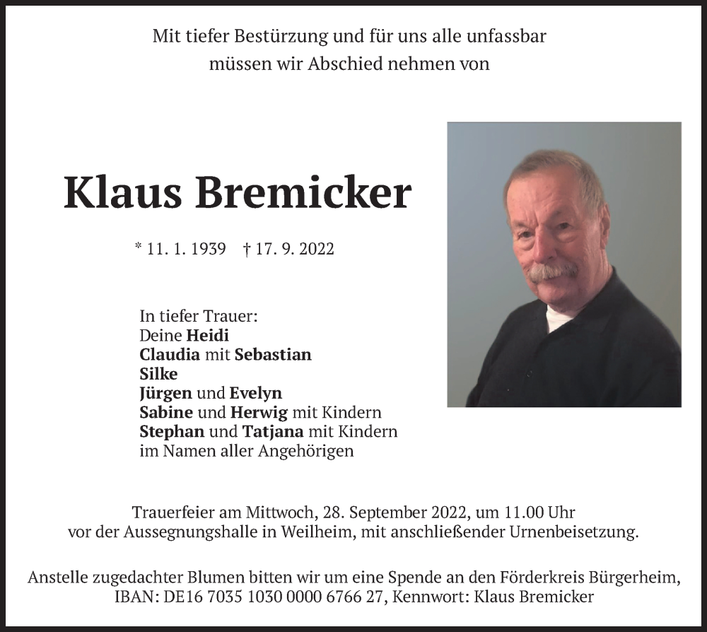  Traueranzeige für Klaus Bremicker vom 24.09.2022 aus merkurtz