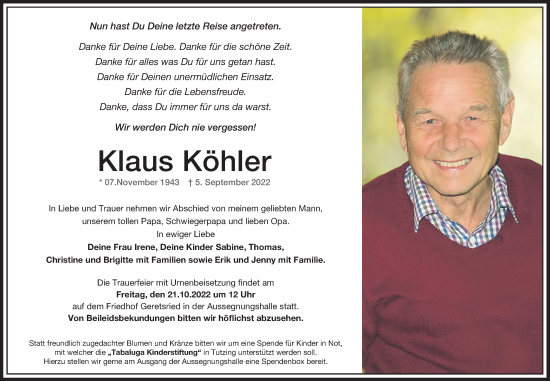 Traueranzeige von Klaus Köhler von merkurtz