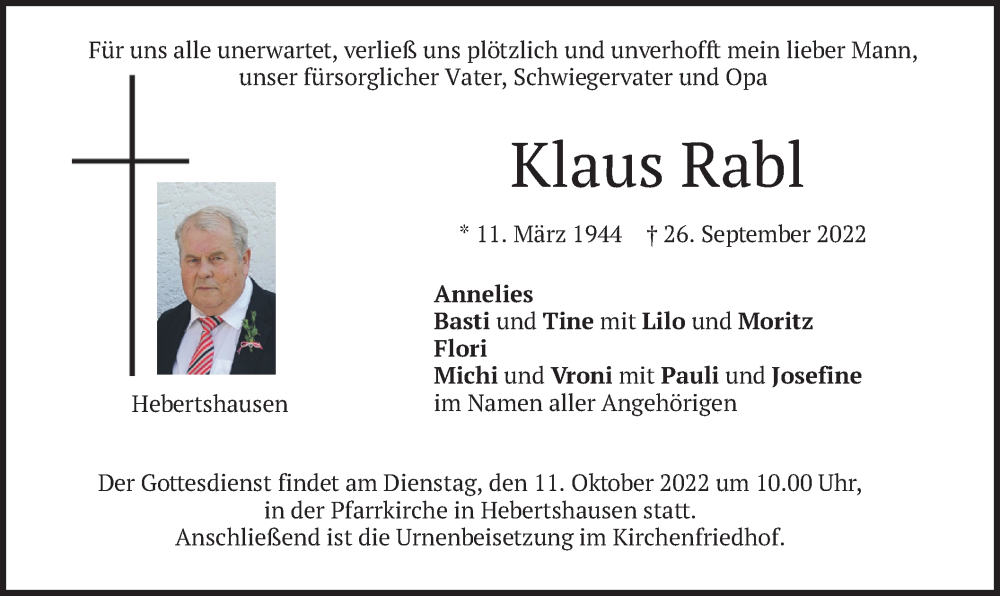 Traueranzeige für Klaus Rabl vom 01.10.2022 aus merkurtz