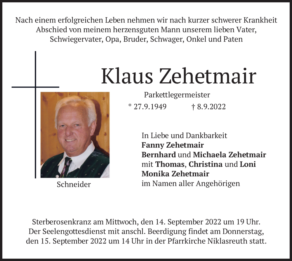  Traueranzeige für Klaus Zehetmair vom 10.09.2022 aus merkurtz