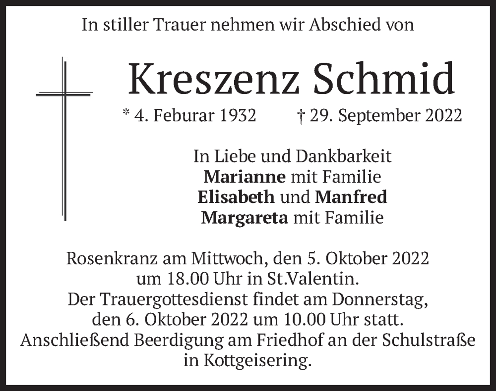  Traueranzeige für Kreszenz Schmid vom 01.10.2022 aus merkurtz