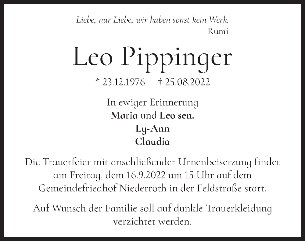  Traueranzeige für Leo Pippinger vom 10.09.2022 aus merkurtz