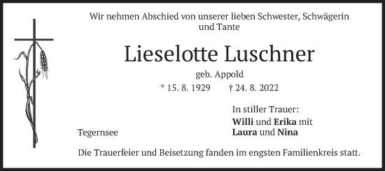 Traueranzeige von Lieselotte Luschner von merkurtz