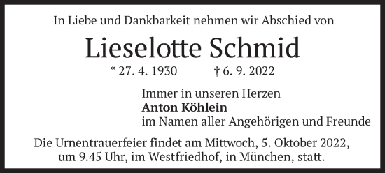 Traueranzeige von Lieselotte Schmid von merkurtz
