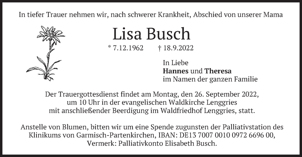  Traueranzeige für Lisa Busch vom 21.09.2022 aus merkurtz
