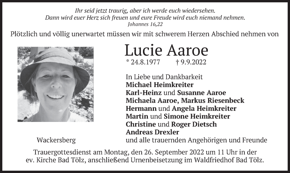  Traueranzeige für Lucie Aaroe vom 24.09.2022 aus merkurtz