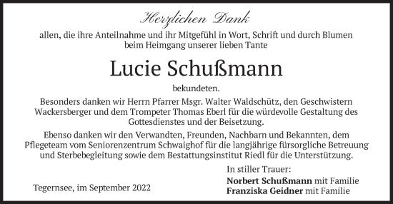 Traueranzeige von Lucie Schußmann von merkurtz