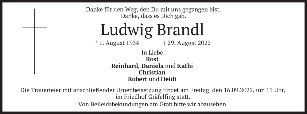  Traueranzeige für Ludwig Brandl vom 03.09.2022 aus merkurtz