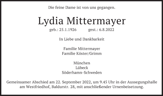 Traueranzeige von Lydia Mittermayer von merkurtz