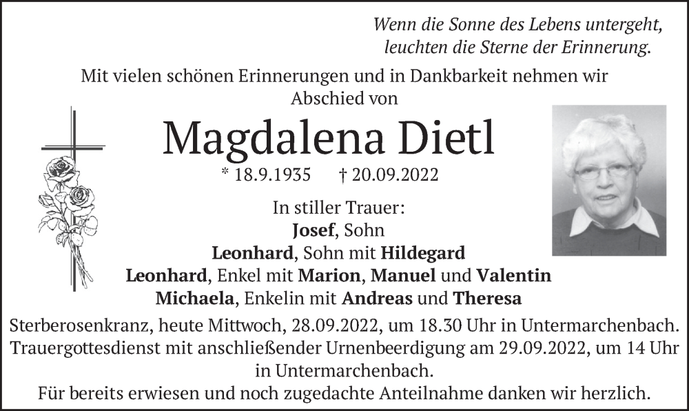  Traueranzeige für Magdalena Dietl vom 28.09.2022 aus merkurtz