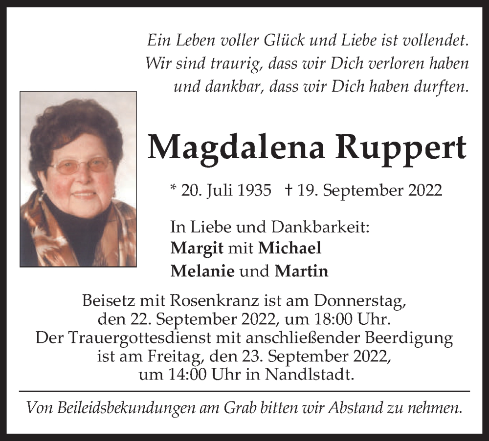 Traueranzeige für Magdalena Ruppert vom 21.09.2022 aus merkurtz