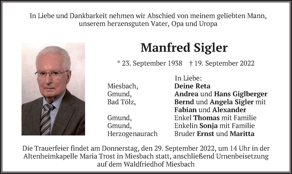  Traueranzeige für Manfred Sigler vom 24.09.2022 aus merkurtz