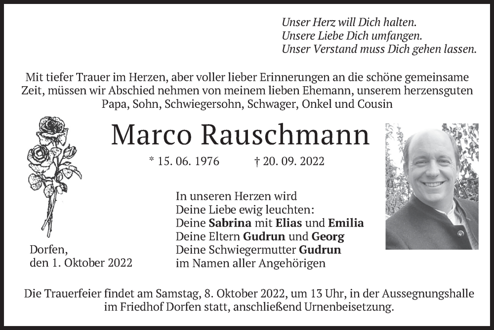  Traueranzeige für Marco Rauschmann vom 01.10.2022 aus merkurtz