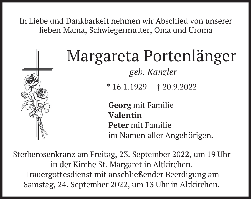  Traueranzeige für Margareta Portenlänger vom 22.09.2022 aus merkurtz