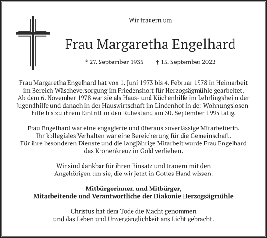 Traueranzeige von Margaretha Engelhard von merkurtz