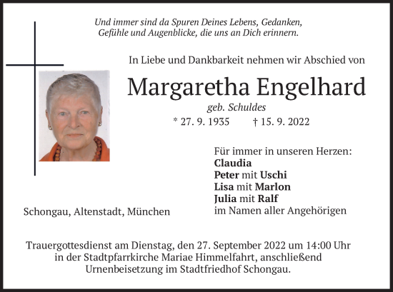 Traueranzeige von Margaretha Engelhard von merkurtz