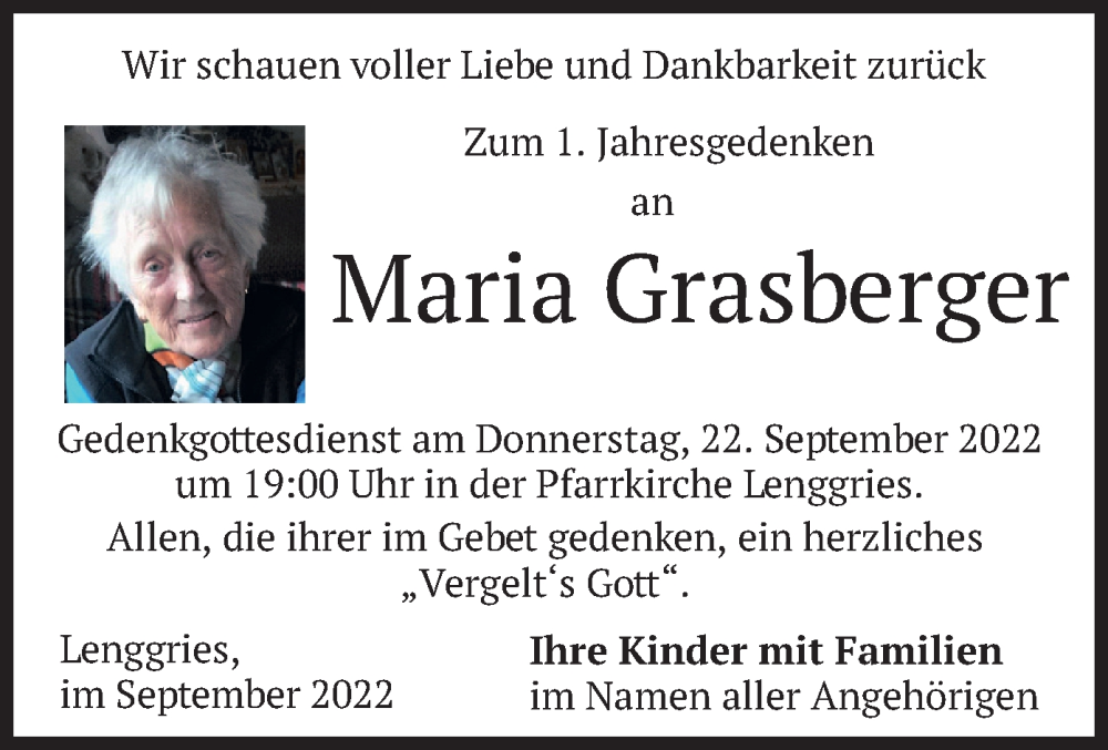  Traueranzeige für Maria Grasberger vom 21.09.2022 aus merkurtz