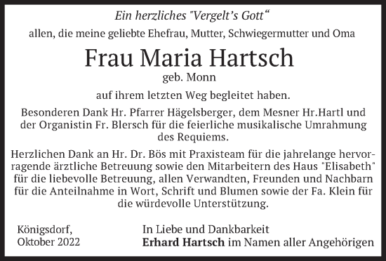 Traueranzeige von Maria Hartsch von merkurtz